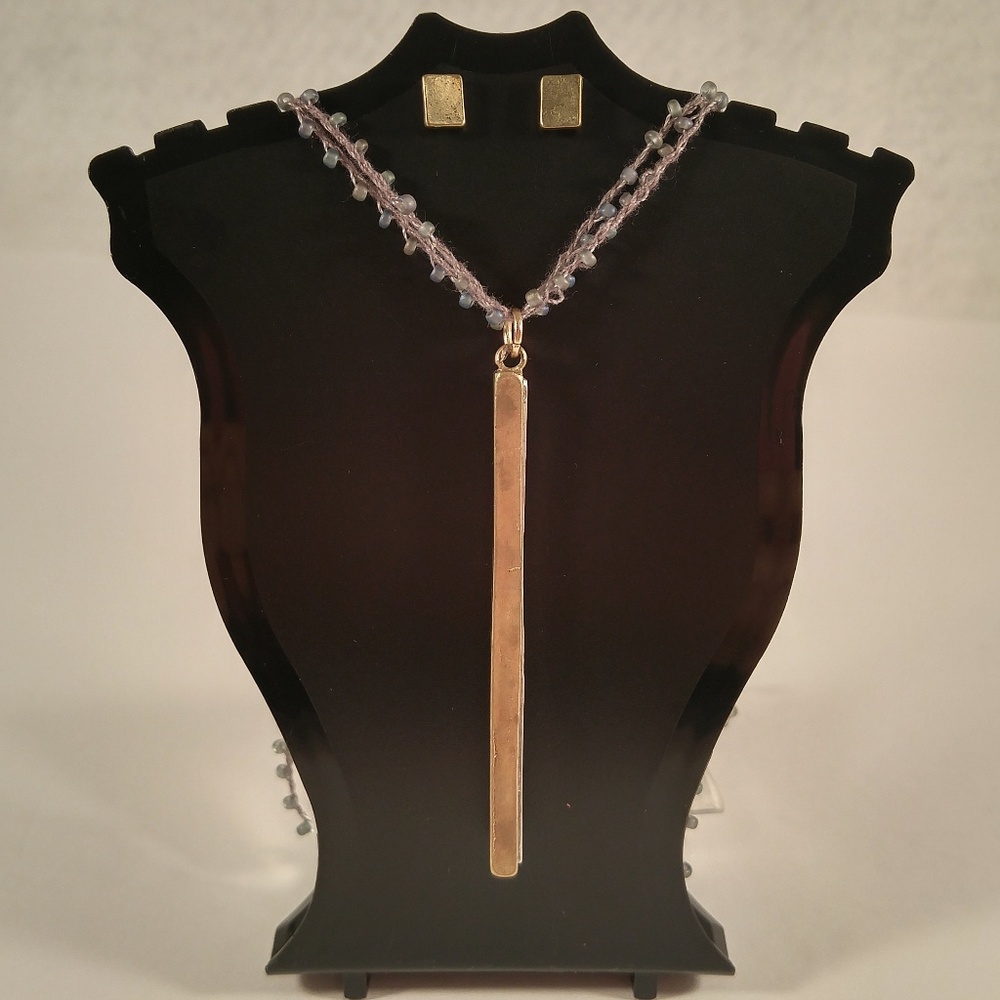 Necklace earring set gold bar seed bead gray 2-row